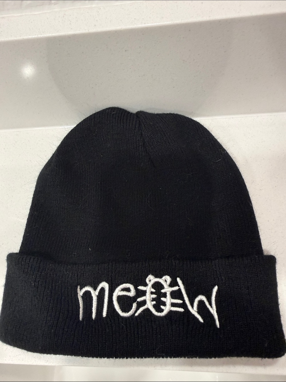 Black 'meow' Embroidered Beanie